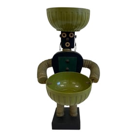 Vintage Mid-Century Modern Folk Art Sculpture With Dual Green Bowls