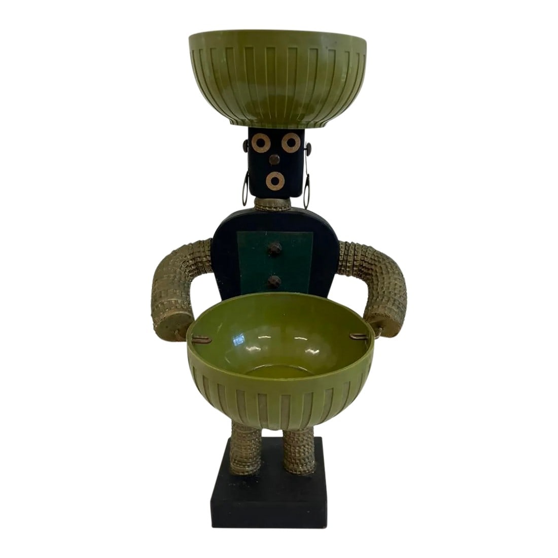Vintage Mid-Century Modern Folk Art Sculpture With Dual Green Bowls: Artist/Maker: Unknown maker, likely American mid-century artisan Date: Circa 1950s–1960s Medium: Mixed materials – painted wood, metal hardware, and molded green plastic bowls 