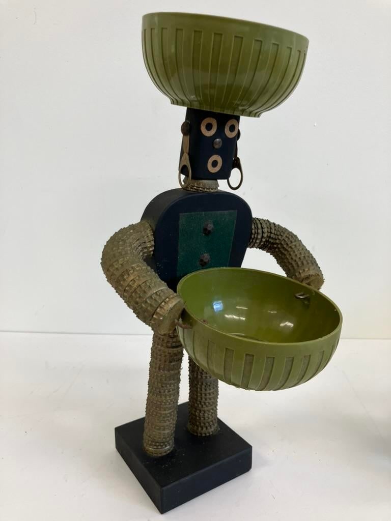 Vintage Mid-Century Modern Folk Art Sculpture With Dual Green Bowls - 3