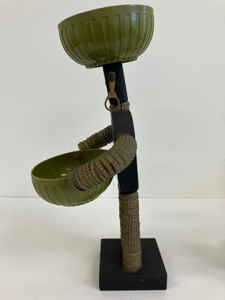 Vintage Mid-Century Modern Folk Art Sculpture With Dual Green Bowls - 4