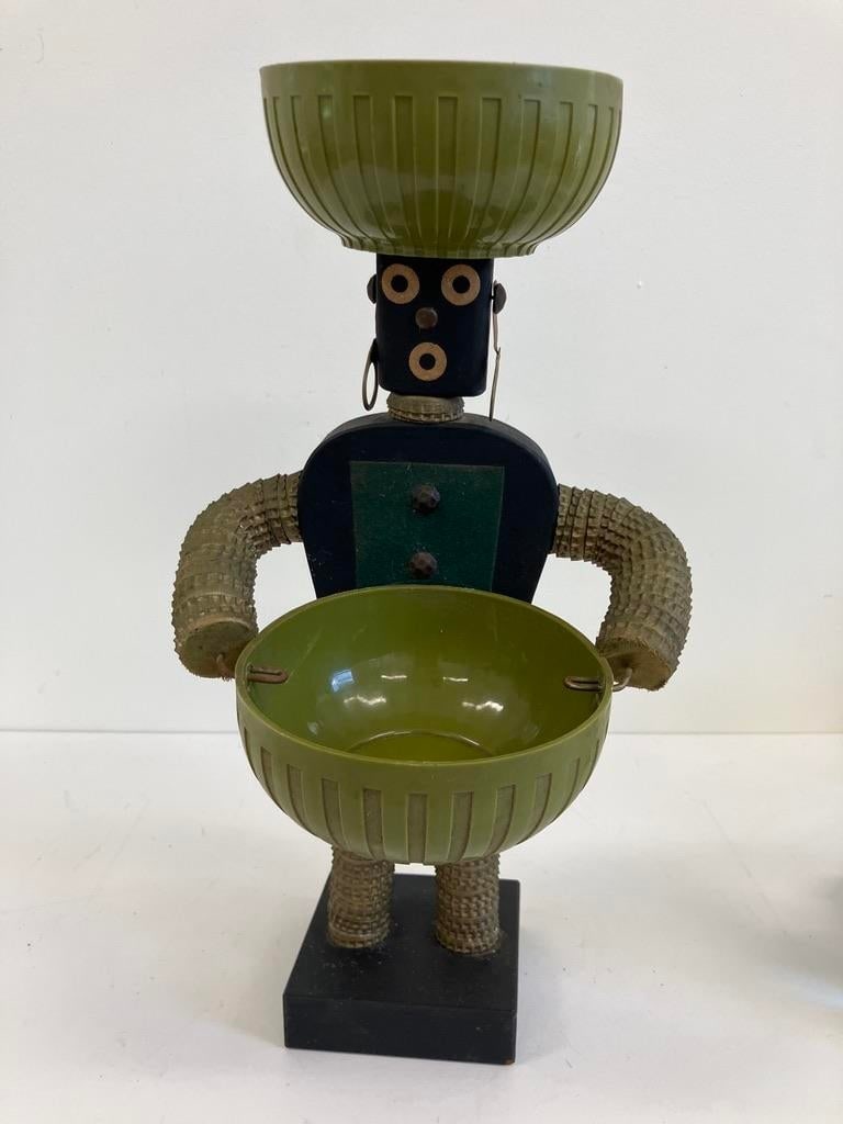 Vintage Mid-Century Modern Folk Art Sculpture With Dual Green Bowls - 8