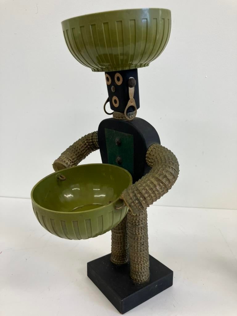 Vintage Mid-Century Modern Folk Art Sculpture With Dual Green Bowls - 9