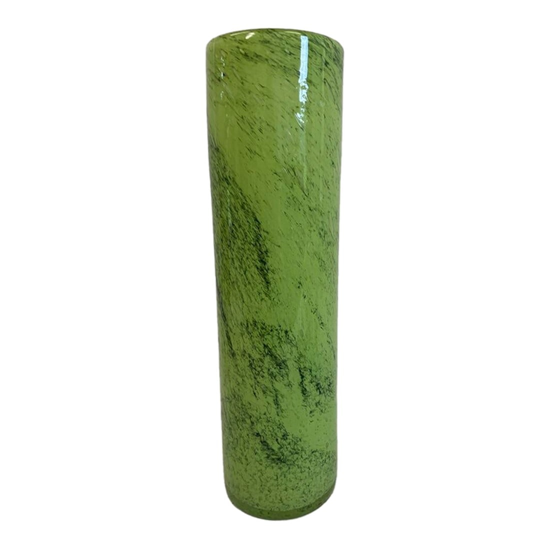 Vintage Green Art Glass Cylinder Vase: Striking vintage green glass vase with a tall cylindrical form and beautiful black swirl inclusions. Hand-blown with natural variations and subtle bubbles, this piece captures the organic artistry of