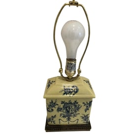 Vintage Blue & White Porcelain Lamp With Crest Motif on Brass Base, 1960s–1970s