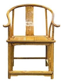Oriental Light Brown Horseshoe Round Back Elm Wood Armchair