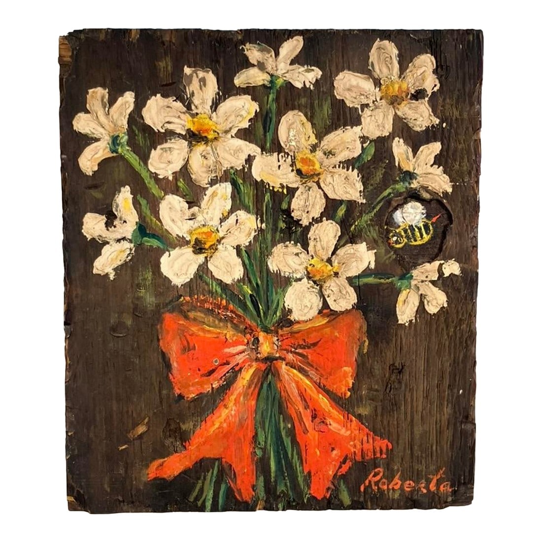 Vintage Folk Art Floral Painting on Wood by Roberta – Bouquet With Red Bow and Bee: Charming vintage folk art floral painting on rustic wood panel, signed Roberta. The piece depicts a cheerful bouquet of white flowers tied with a bold red bow, accompanied by a whimsical bee buzzing