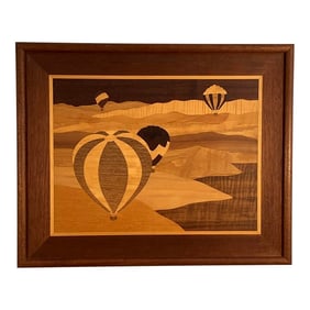 Vintage Marquetry Wood Inlay Art – Hot Air Balloons Landscape Scene