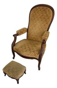 19th Century Recliner With Velvety Damask Upholstery With Footstool