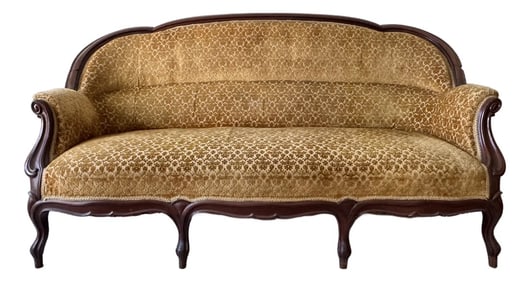 19th Century Parlor Sofa With Velvety Damask Upholstery