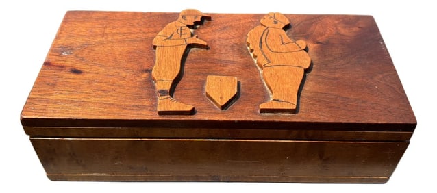 Mid- 20th C. Hand Hewn Burl Wood Valet Box With Baseball Imagery