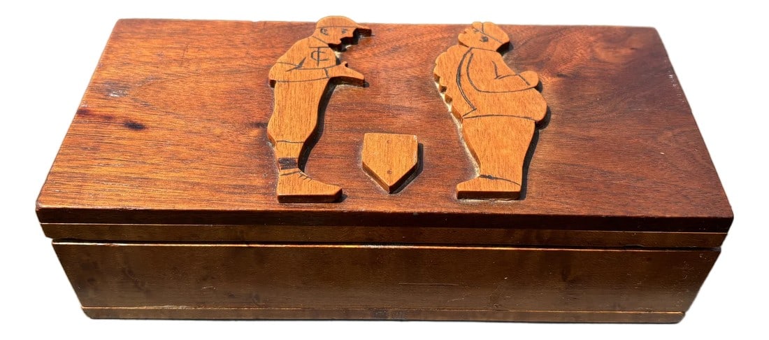 Mid- 20th C. Hand Hewn Burl Wood Valet Box With Baseball Imagery: PLAY BALL! Terrific hand-hewn burl wood hinged valet or desk box with baseball figures in carved relief. A player, home plate, and a puffed-up umpire...wonder what they might be talking about?1 
