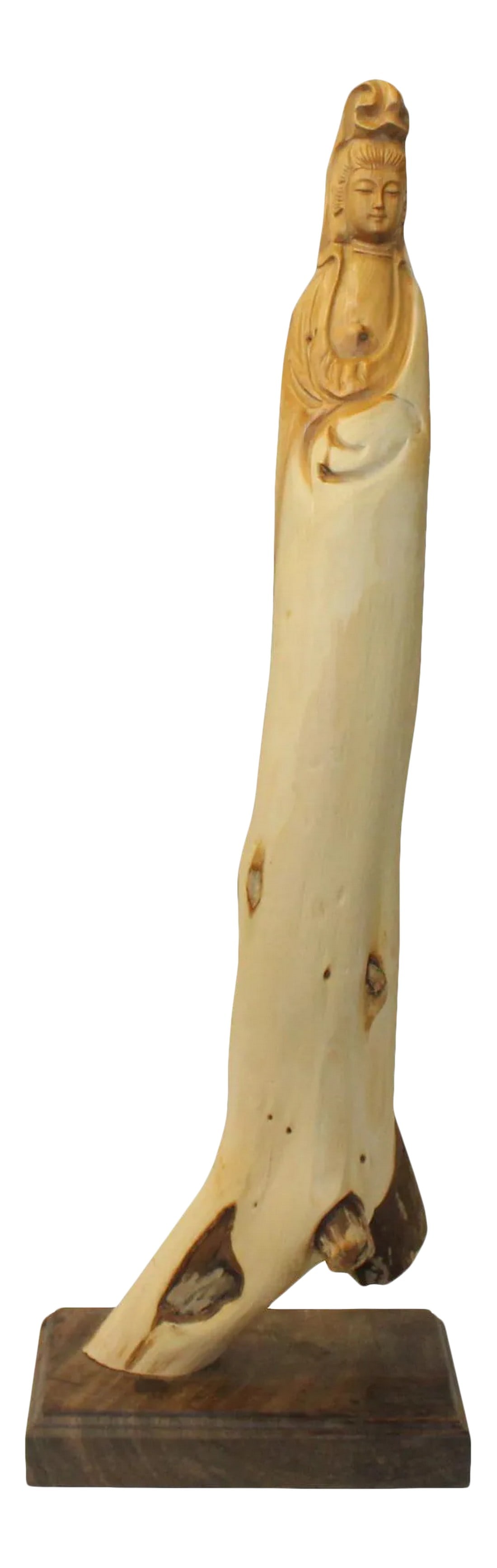 Chinese Cypress Wood Carved Bodhisattva Kwan Yin Tara Statue: This is a handmade Chinese accent decorative statue of Bodhisattva Kwan Yin Tara from natural raw wood with an irregular shape. Dimensions: w6"x d4.25"x h19.25" Origin: China Material: 