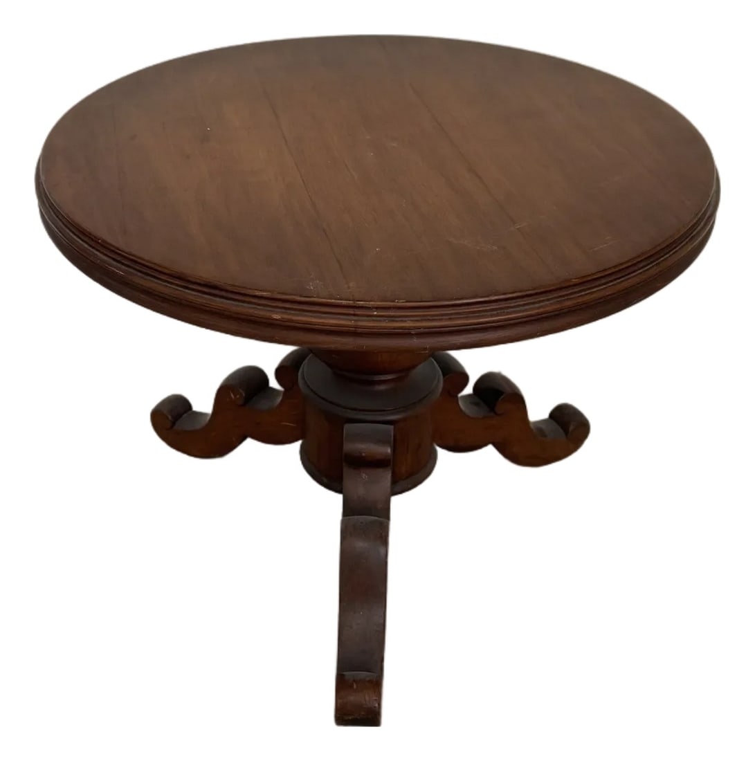 Antique Victorian Pedestal Parlor Side Table - Short Table or Plant Stand: A charming late 19th century Victorian parlor side table featuring a classic pedestal base with gracefully carved details. Short in stature yet rich in character, this versatile piece works