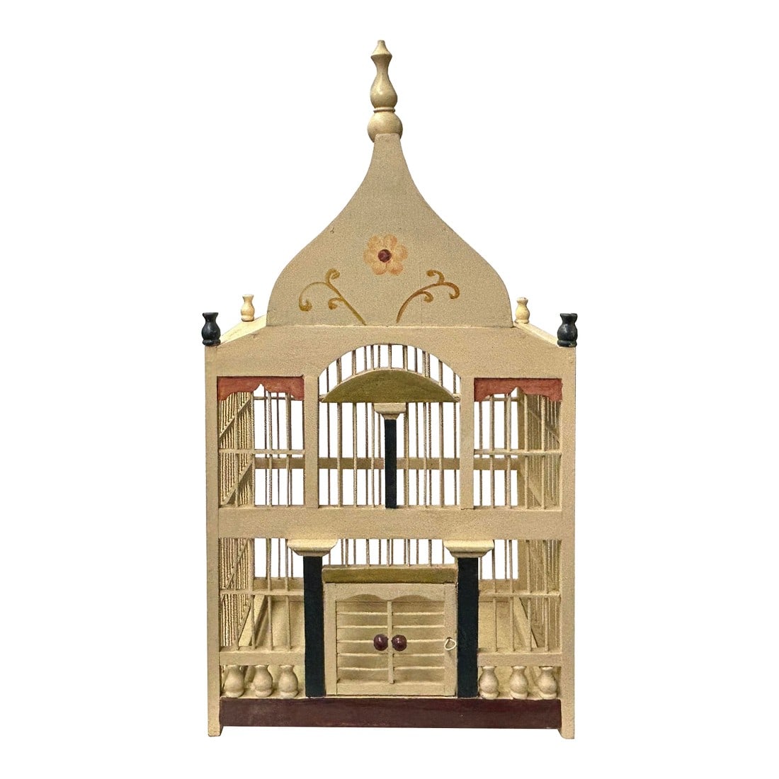 Western House Shape Light Cream Color Wood Birdcage Display: Presenting a meticulously handcrafted wooden bird cage, a true testament to traditional artistry and architectural charm. This elegant piece, painted in a soft, antiqued cream, features delicate