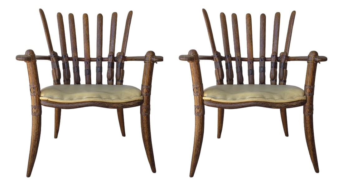 Pair of Palmwood and Leather Mendi Chairs by Pacific Green: Sustainable and beautiful Pacific Green furniture is truly a sophisticated addition to any decor. These chairs are no exception. With its ribbed back and leather details, it serves as form an