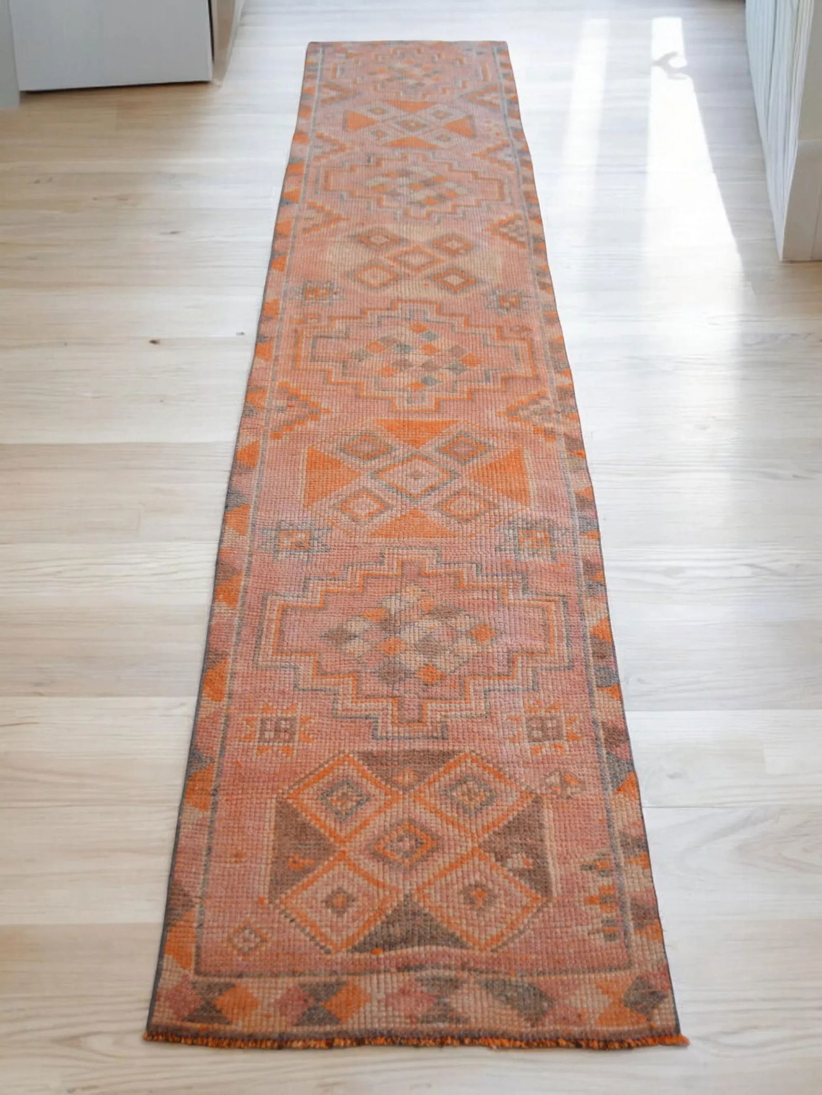 Hand-Knotted Turkish Runner Rug . Low Pile Distressed Hallway 2"²7"³ × 12"² - 2