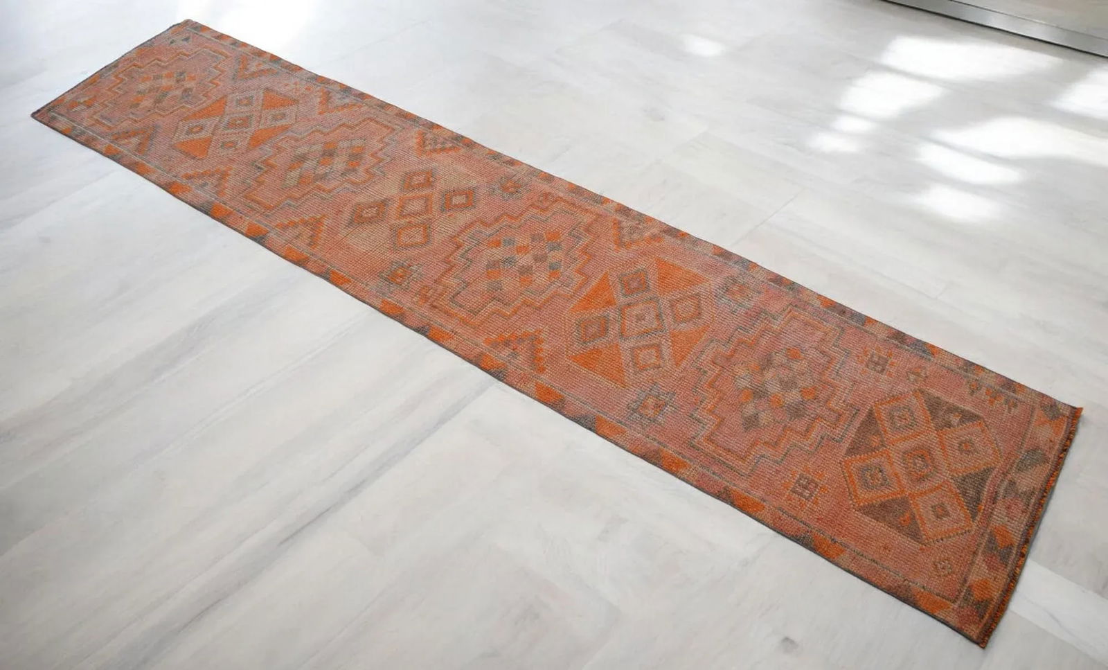 Hand-Knotted Turkish Runner Rug . Low Pile Distressed Hallway 2"²7"³ × 12"² - 3