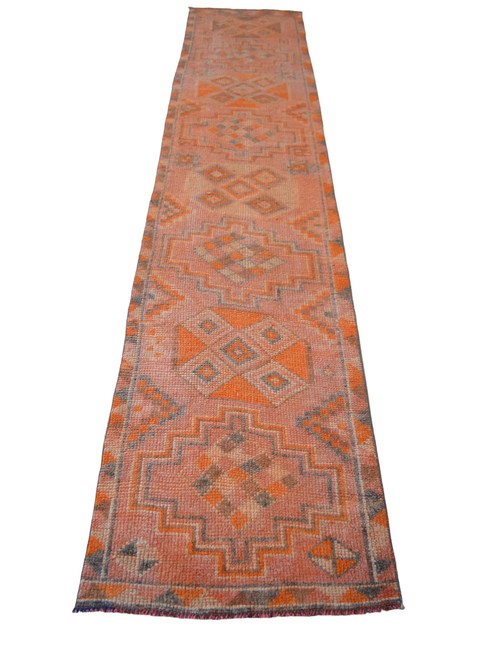 Hand-Knotted Turkish Runner Rug . Low Pile Distressed Hallway 2"²7"³ × 12"² - 6