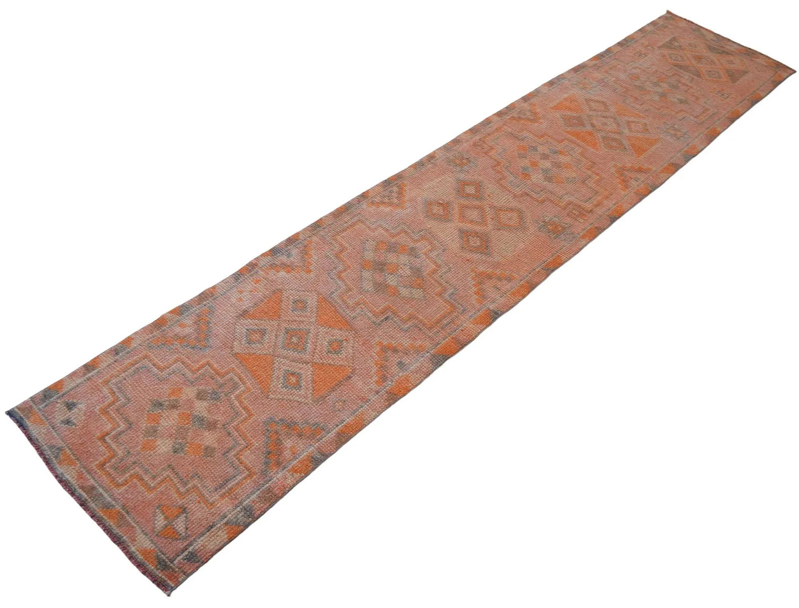 Hand-Knotted Turkish Runner Rug . Low Pile Distressed Hallway 2"²7"³ × 12"² - 7