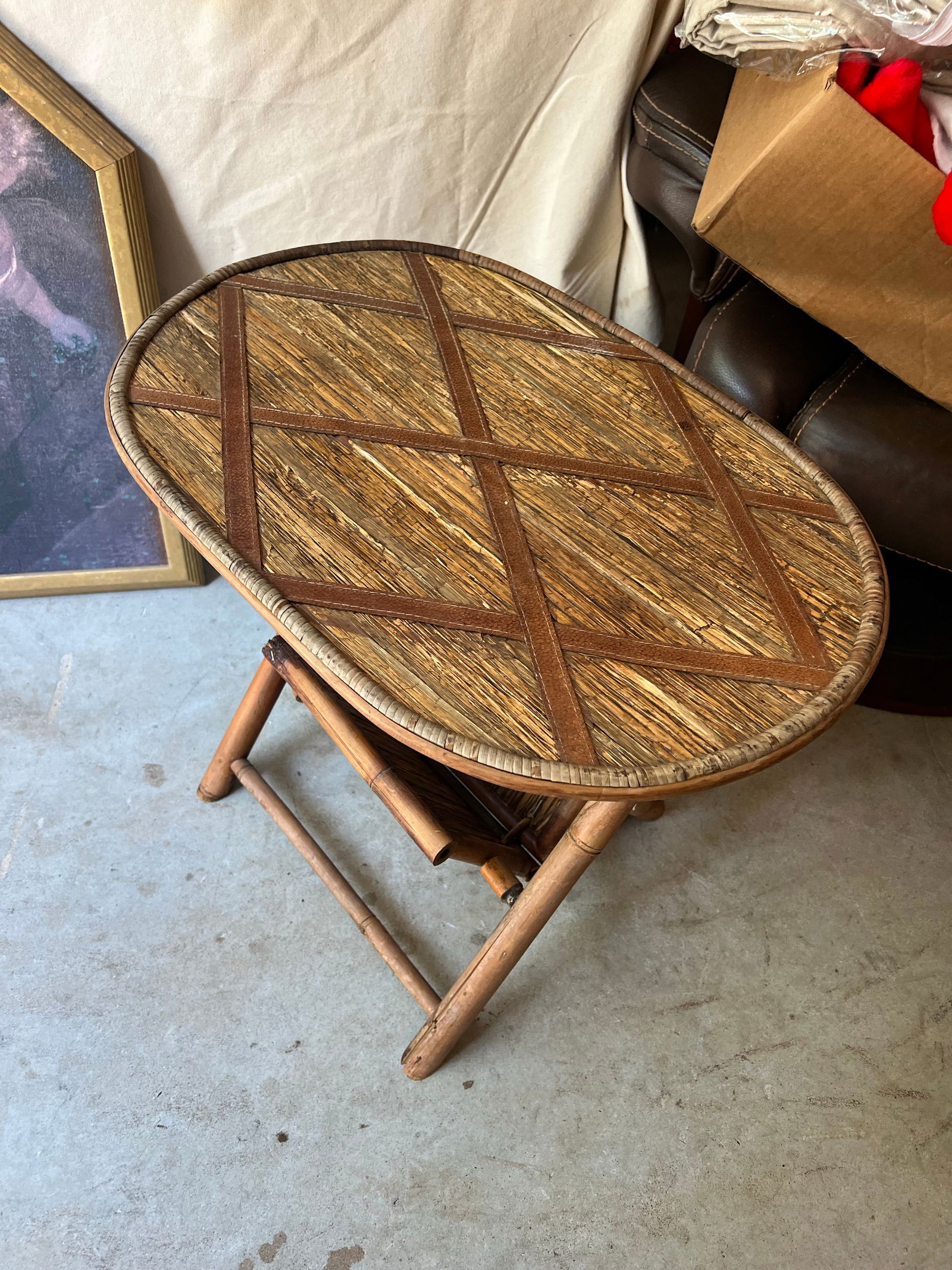 1970s Small Oval Wicker and Wooden Fold Up Side Table - 4