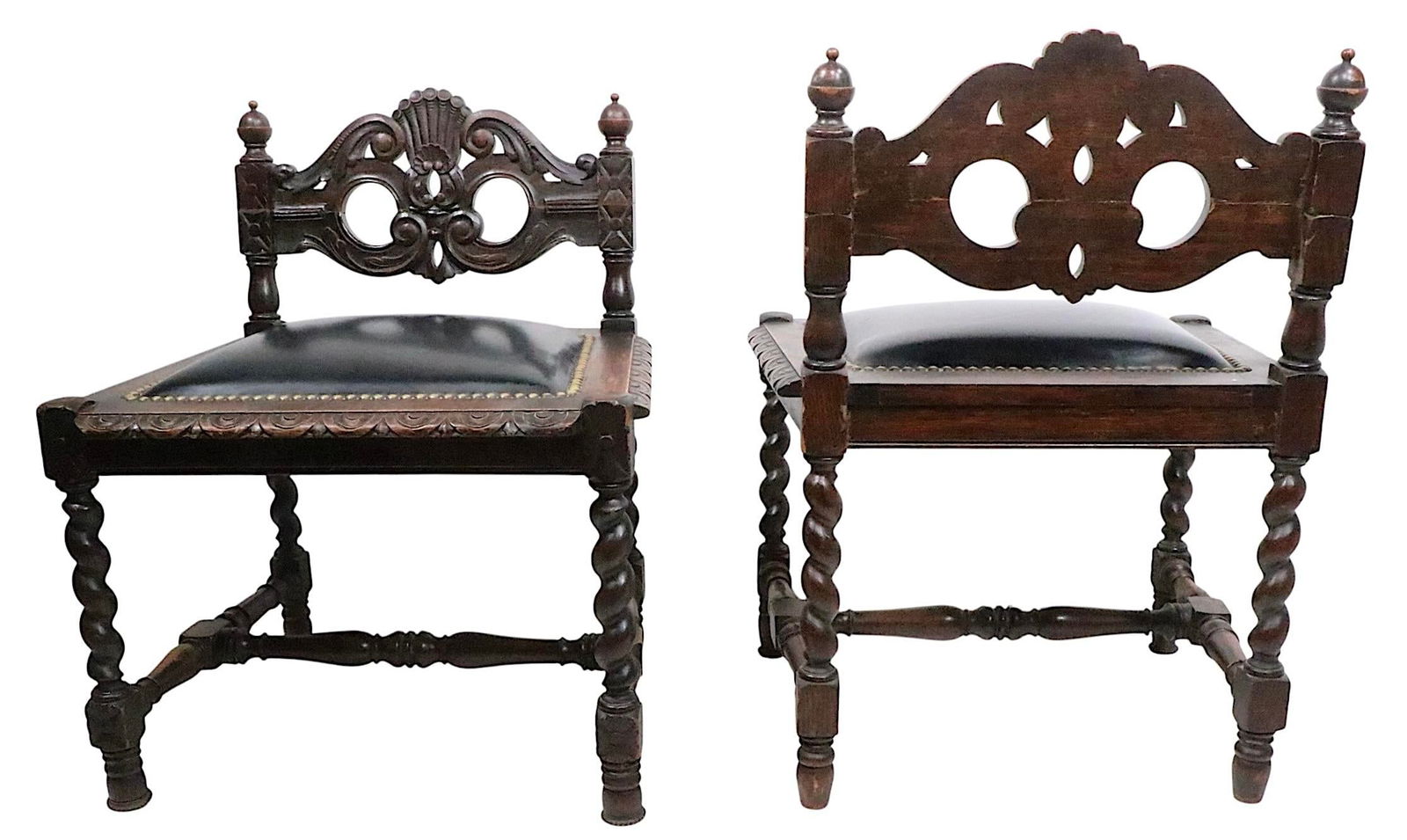 Pair of Antique Oak Barley Twist Accent Chairs C. 1900's - 12