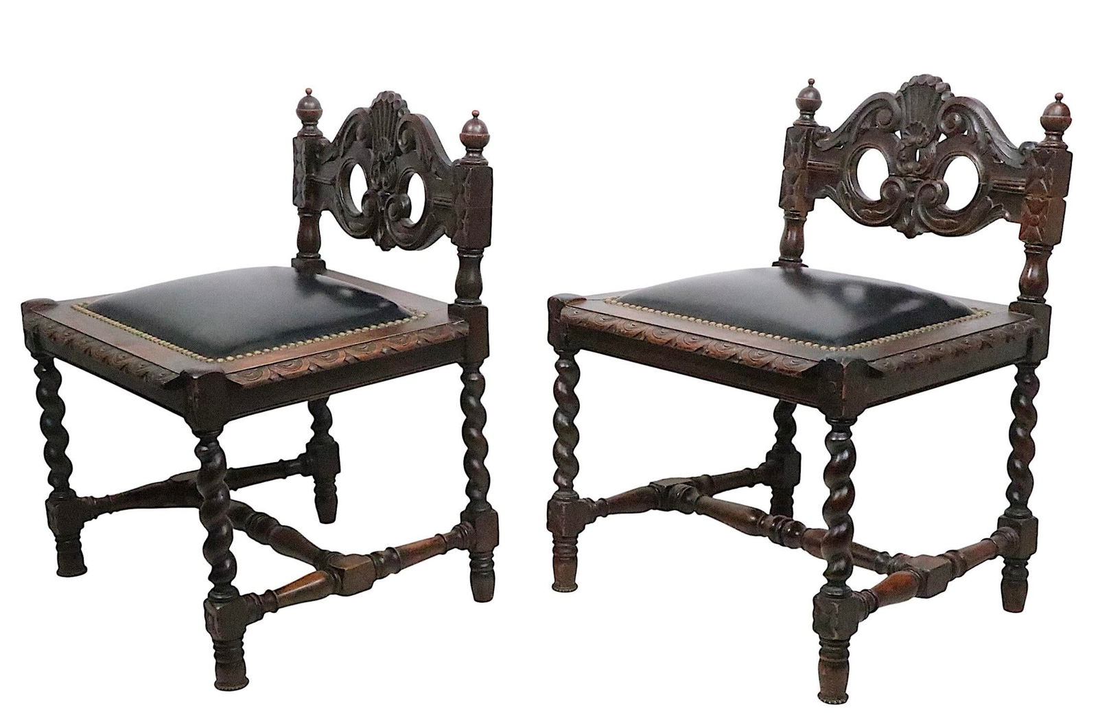 Pair of Antique Oak Barley Twist Accent Chairs C. 1900's - 14