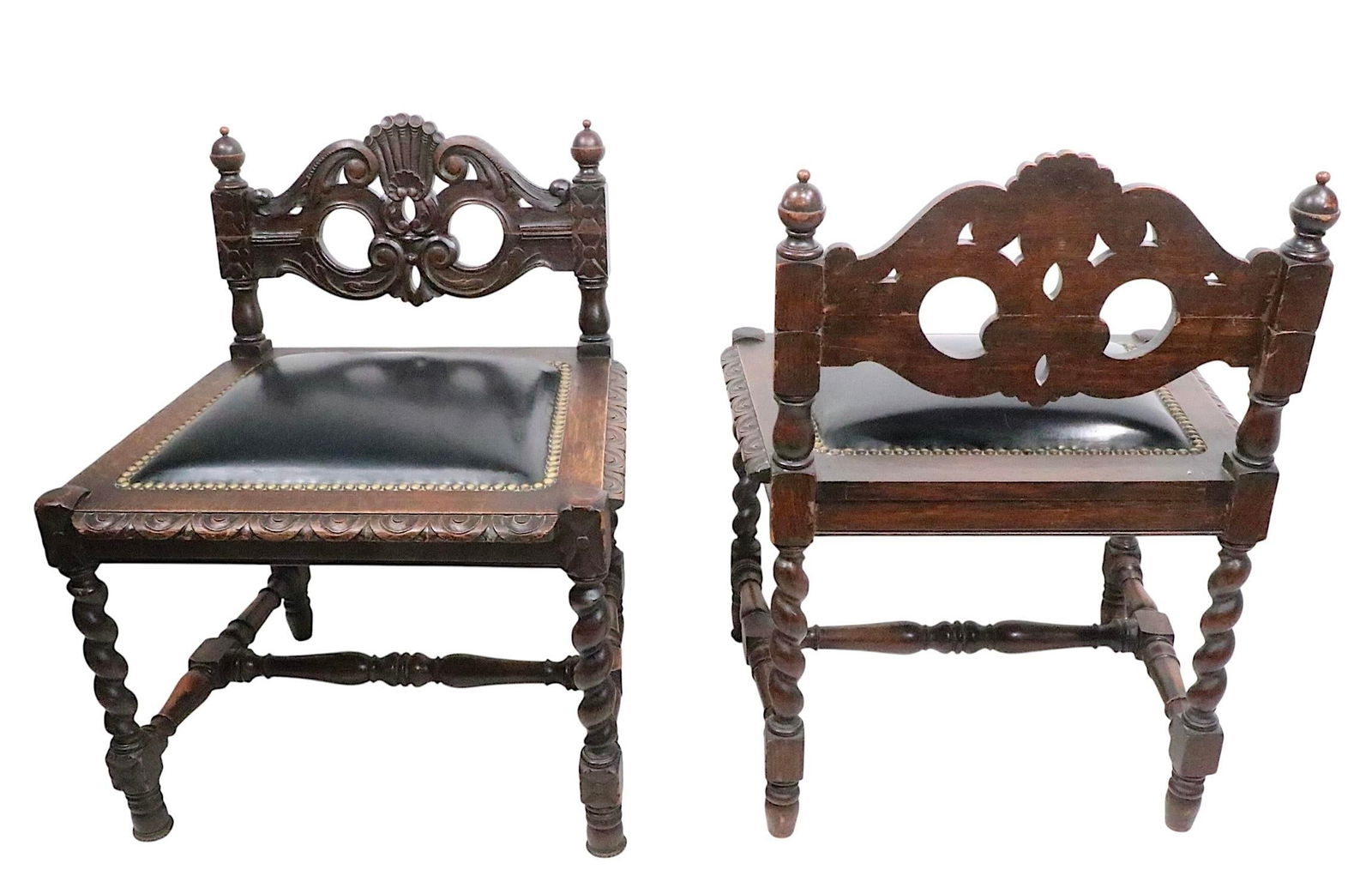 Pair of Antique Oak Barley Twist Accent Chairs C. 1900's - 15