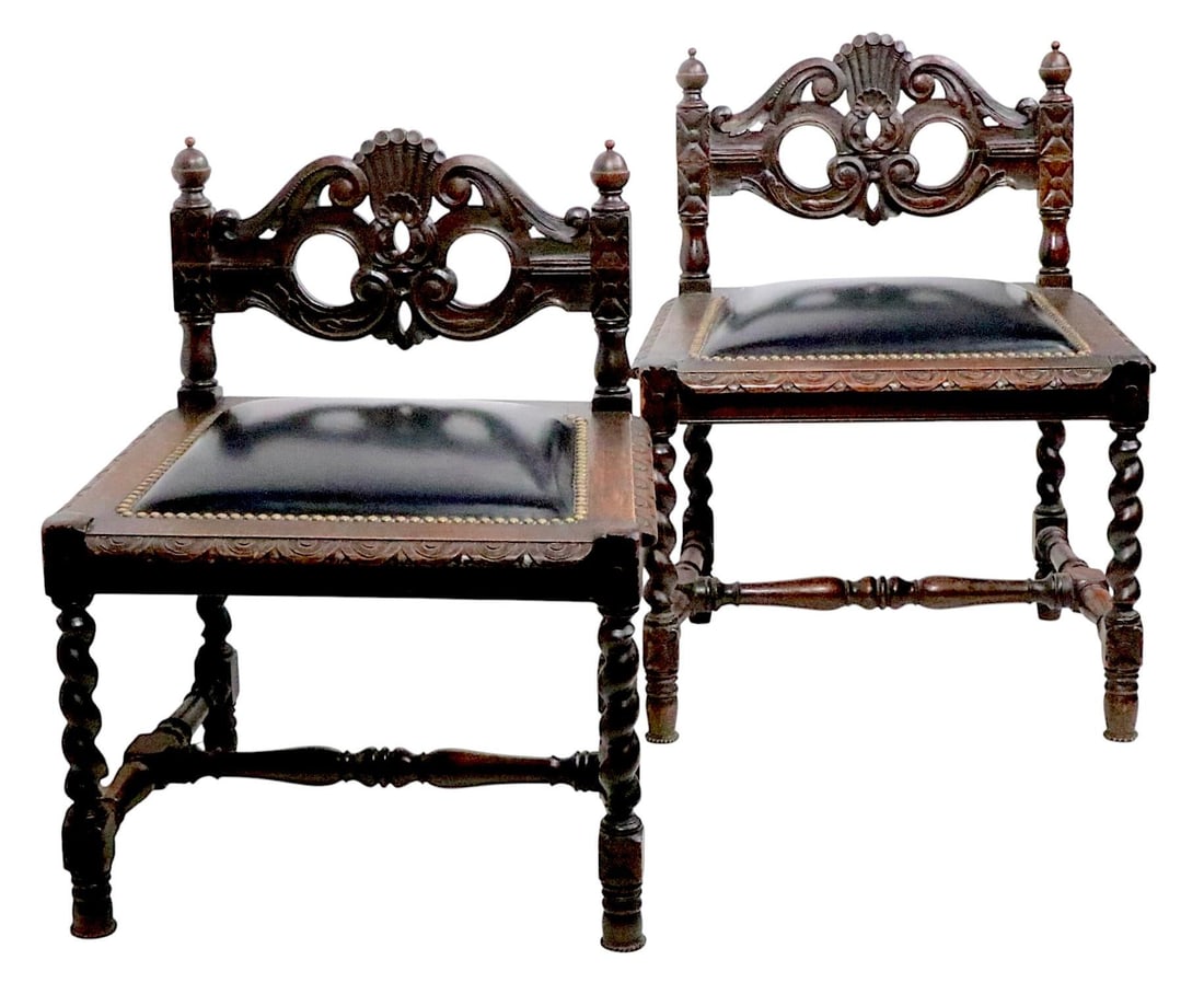 Pair of Antique Oak Barley Twist Accent Chairs C. 1900's - 16