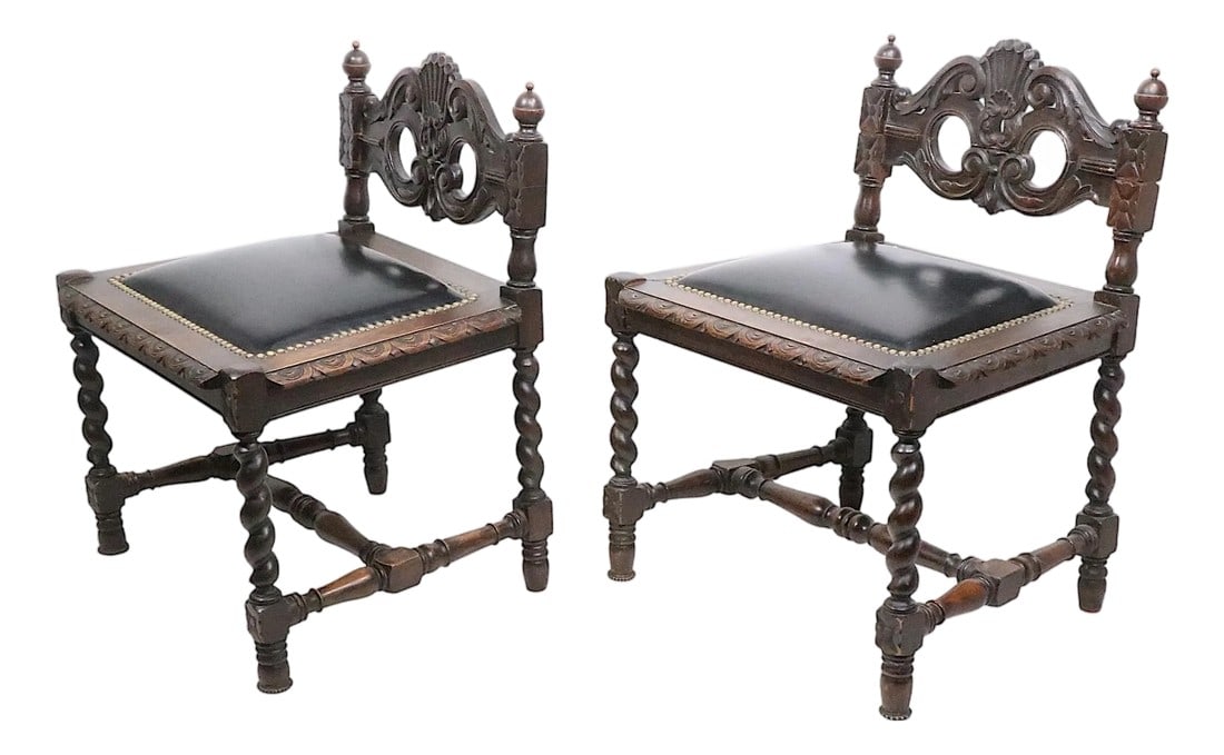 Pair of Antique Oak Barley Twist Accent Chairs C. 1900's: Interesting pair of low back barley twist style oak chairs, probably Swedish in origin, circa late 19th C or early 20th C. We believe the chairs have had the center panel cut to lower the top,