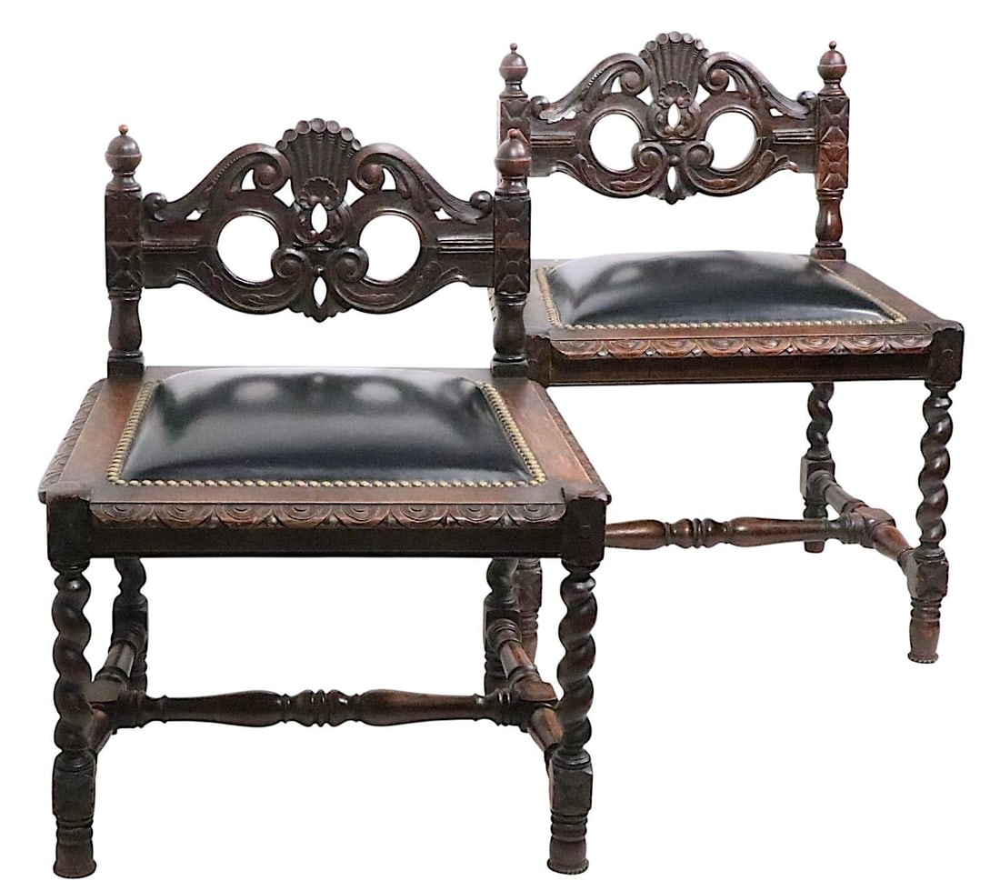 Pair of Antique Oak Barley Twist Accent Chairs C. 1900's - 3