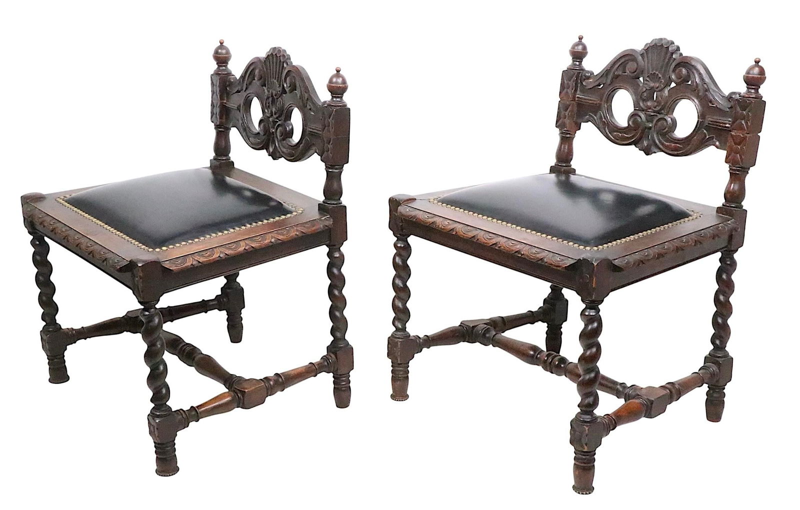 Pair of Antique Oak Barley Twist Accent Chairs C. 1900's - 6
