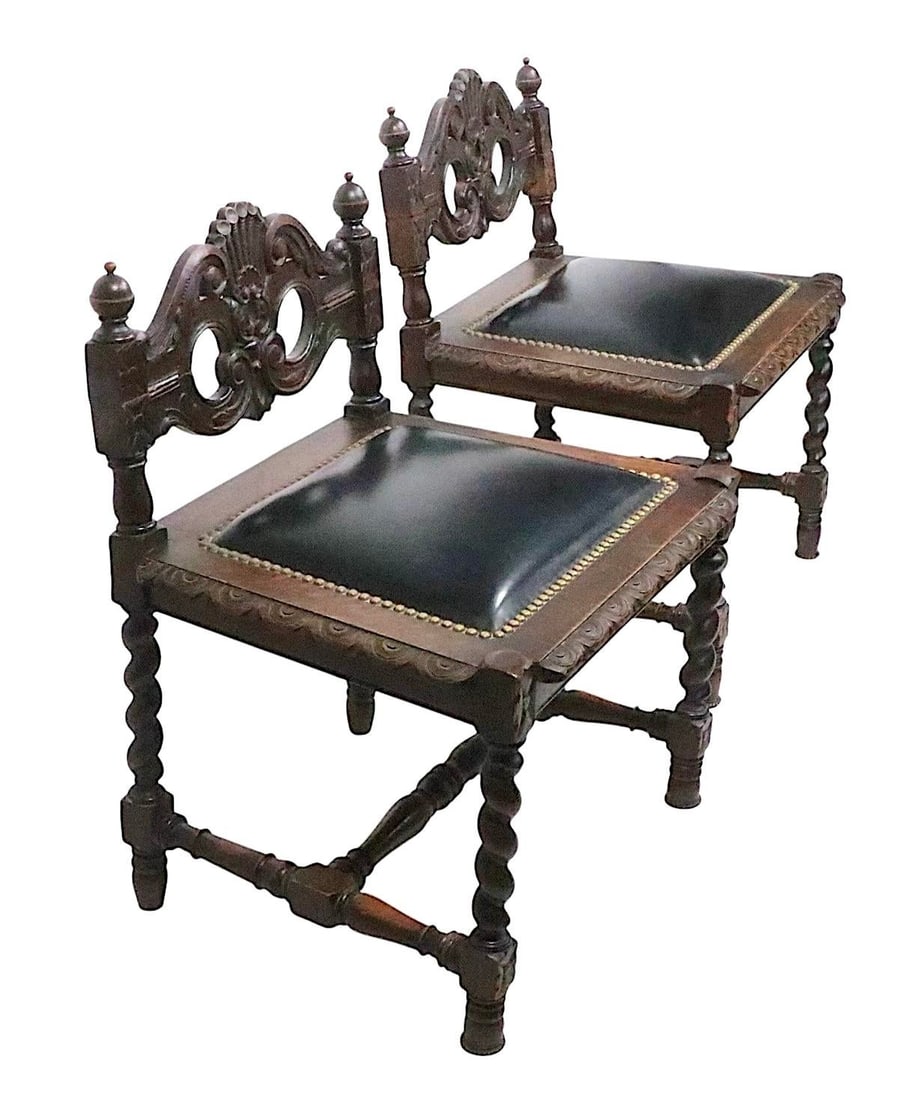 Pair of Antique Oak Barley Twist Accent Chairs C. 1900's - 9