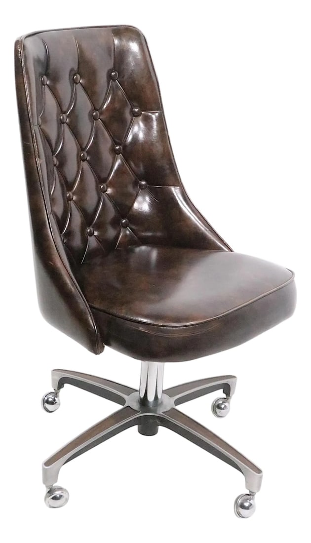 Mod Mid Century Space Age Swivel Chair by Chromcraft, Circa 1970's: Classic faux leather ( vinyl ) scoop back swivel chair, by Chromcraft circa 1970's. The chair features a tufted back rest, upholstered pad seat, chrome center pedestal, a four star base with four