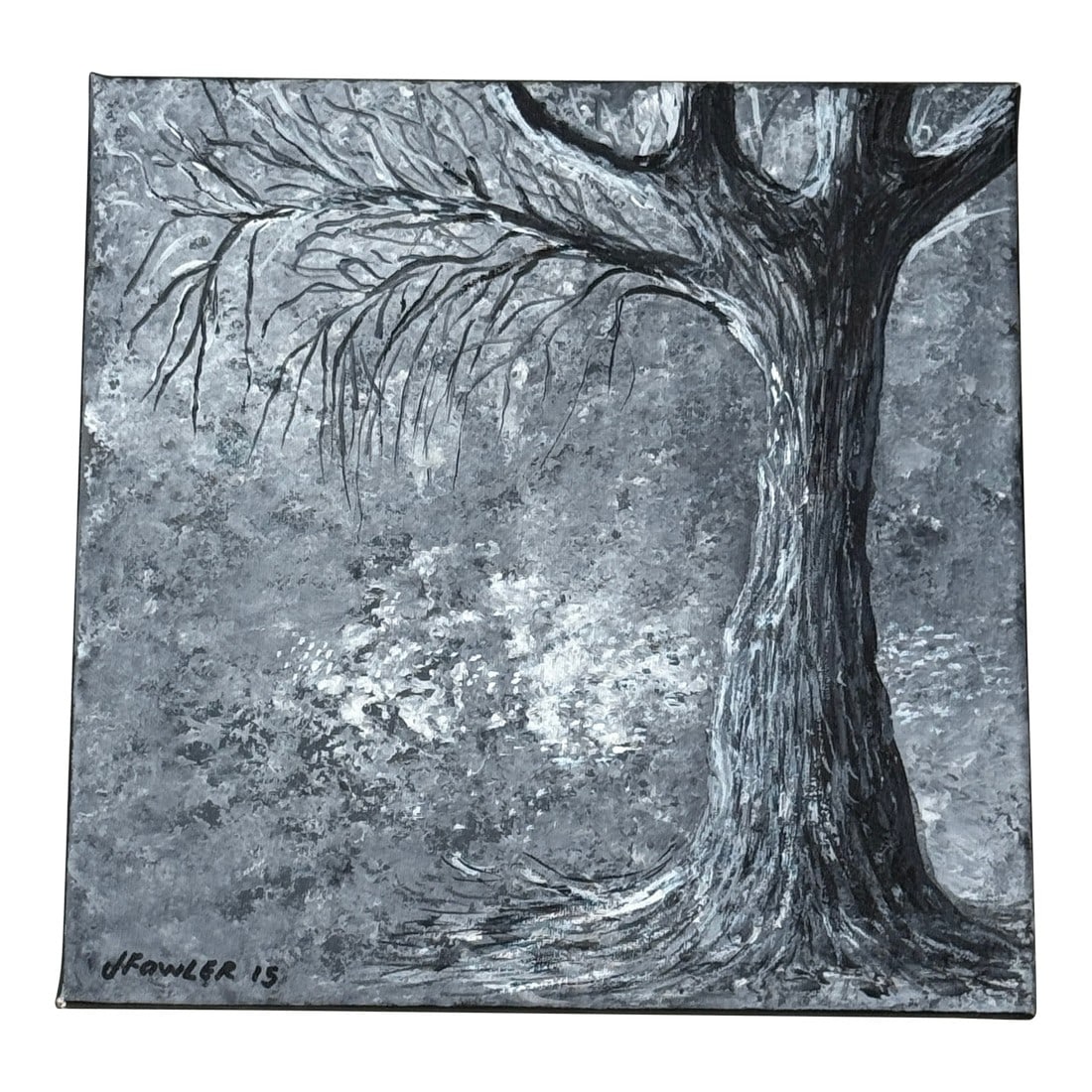 Jr Fowler Tree Painting: JR Fowler Tree Painting Small scale and dramatic that would look great tucked into a bookshelf or etagere. 12" sq Condition: Alterations: Original Condition Unaltered Imperfections: Some