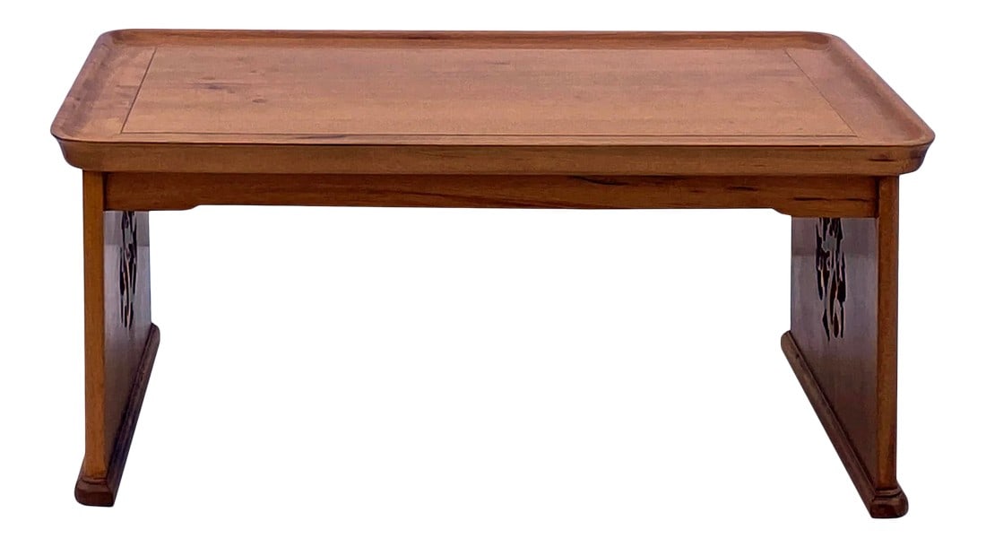 Oriental Light Brown Wood Rectangular Table Stand: This is a simple small table/display stand made of light stain wood. It has a rectangular shape design and round edge polish. The leg has a decent round ancient style dragon motif medallion as an