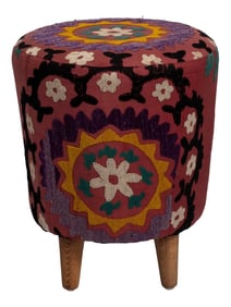 Modern Handwoven Uzbek Suzani Ottoman Footstool
