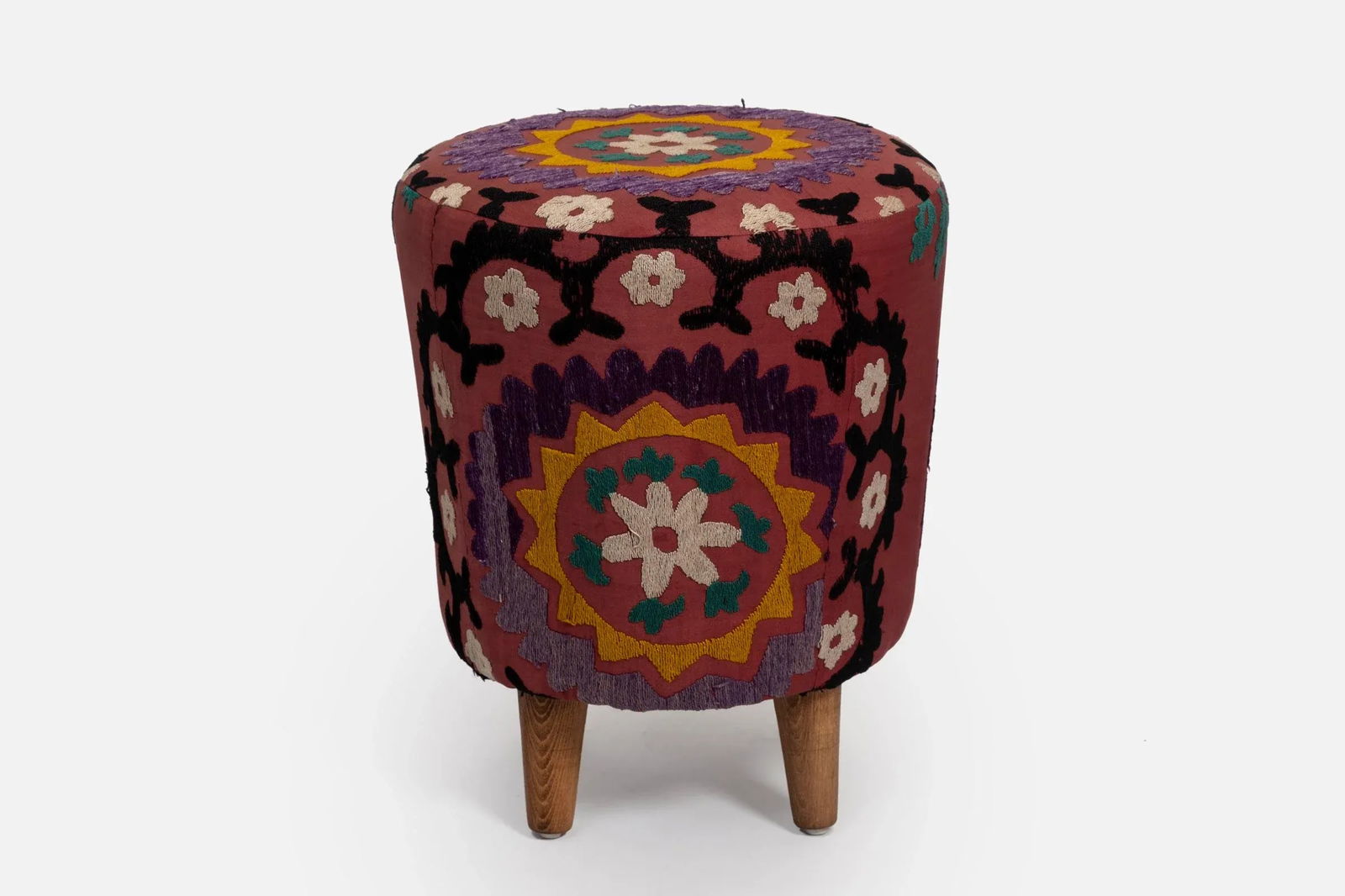 Modern Handwoven Uzbek Suzani Ottoman Footstool - 9