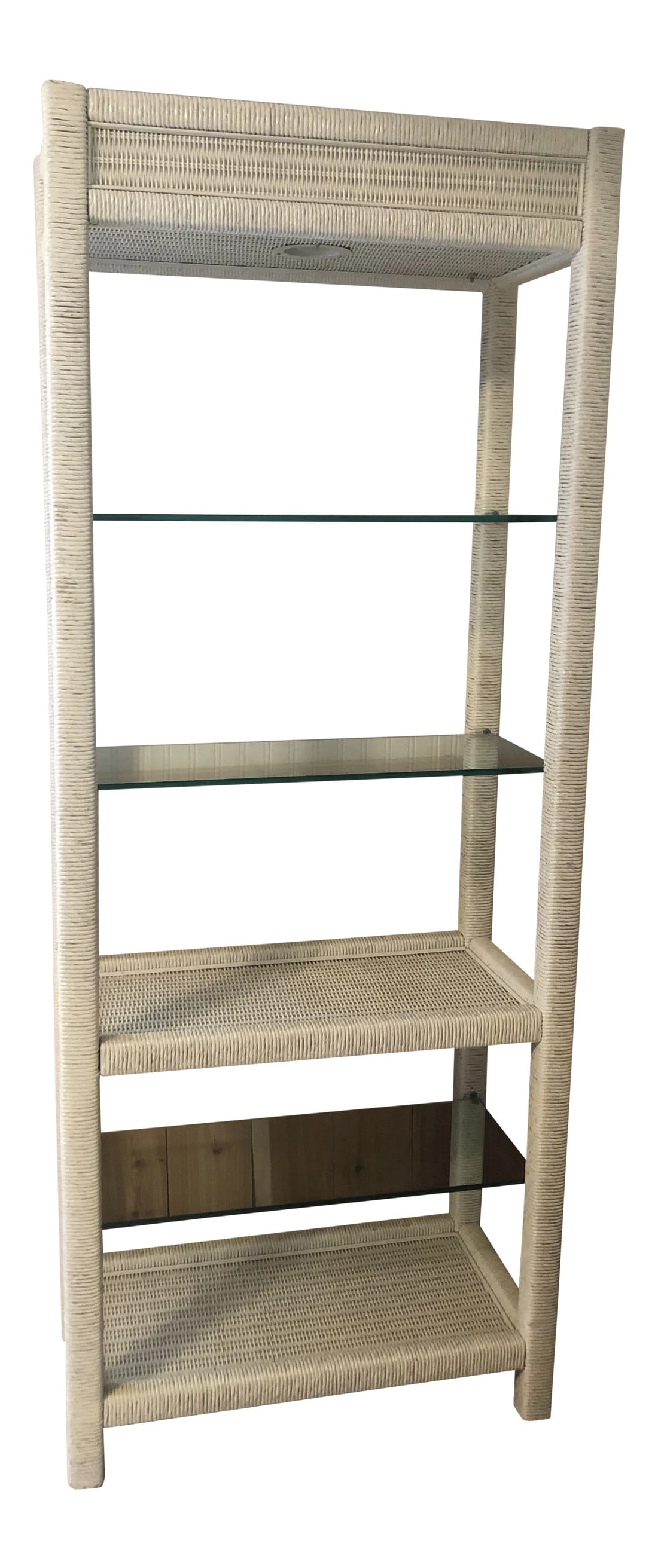 Mid Century Henry Link Wicker Etagere: This Henry Link wicker etagere with its glass shelves and a wicker shelf, is a great way to store and display in any room. It happens to match the dresser and mirror also listed in this shop. The