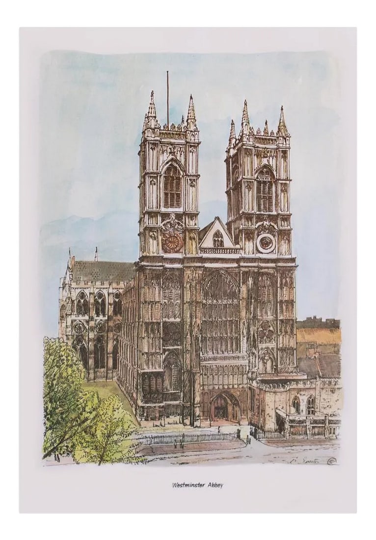 1970s After Bernard Smith "Westminster Abbey", English Traditional Vintage Print: Vintage full color Neoclassical, English Traditional or American Classical Style print of watercolor painting "Westminster Abbey" (1970s) by Bernard Smith. Signed in the print. Titled below the