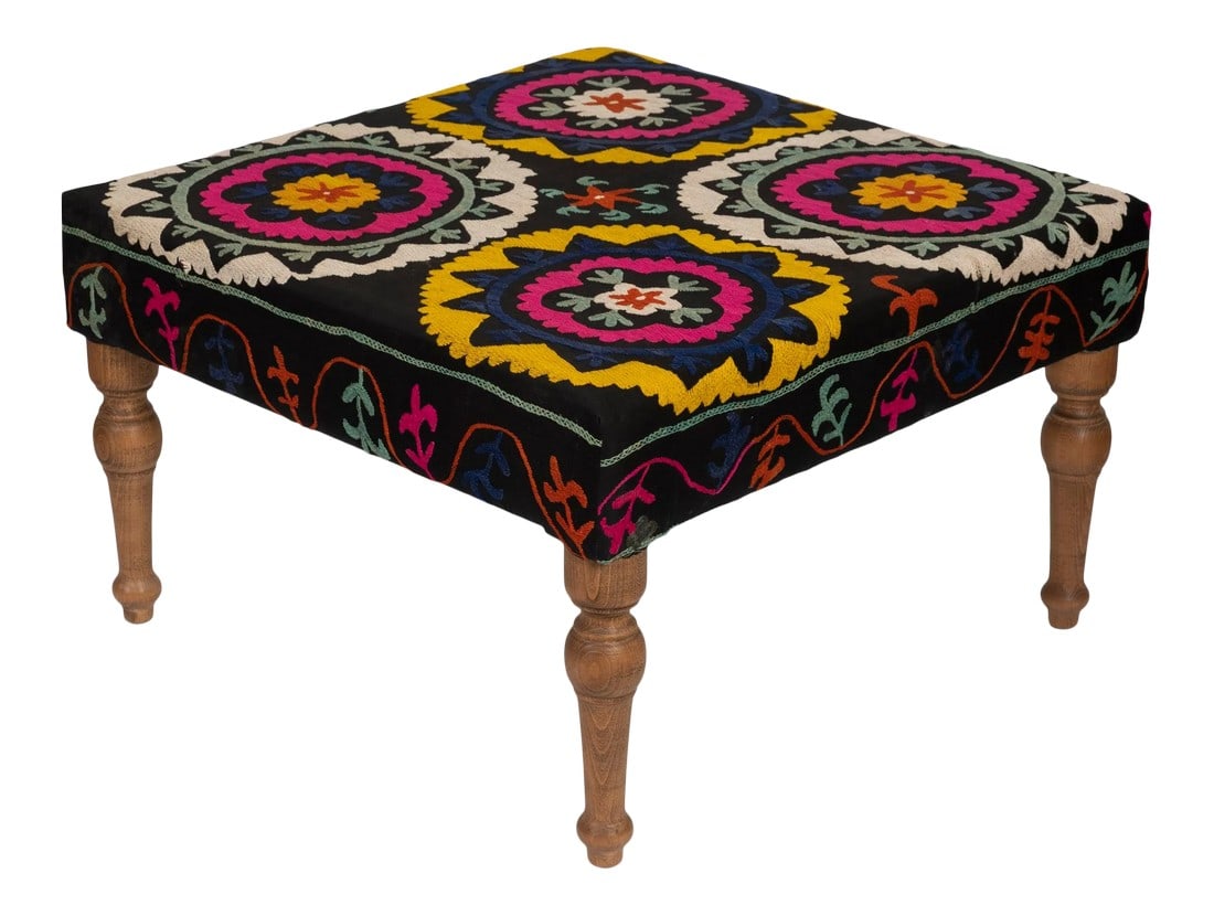 Square Suzani Ottoman - Coffee Table: Colorful round ottoman upholstered with vintage Uzbek suzani fabric. This one-off bench has been lovingly restored with Vintage embroidery from the Middle East Dimensions: Square Suzani Ottoman
