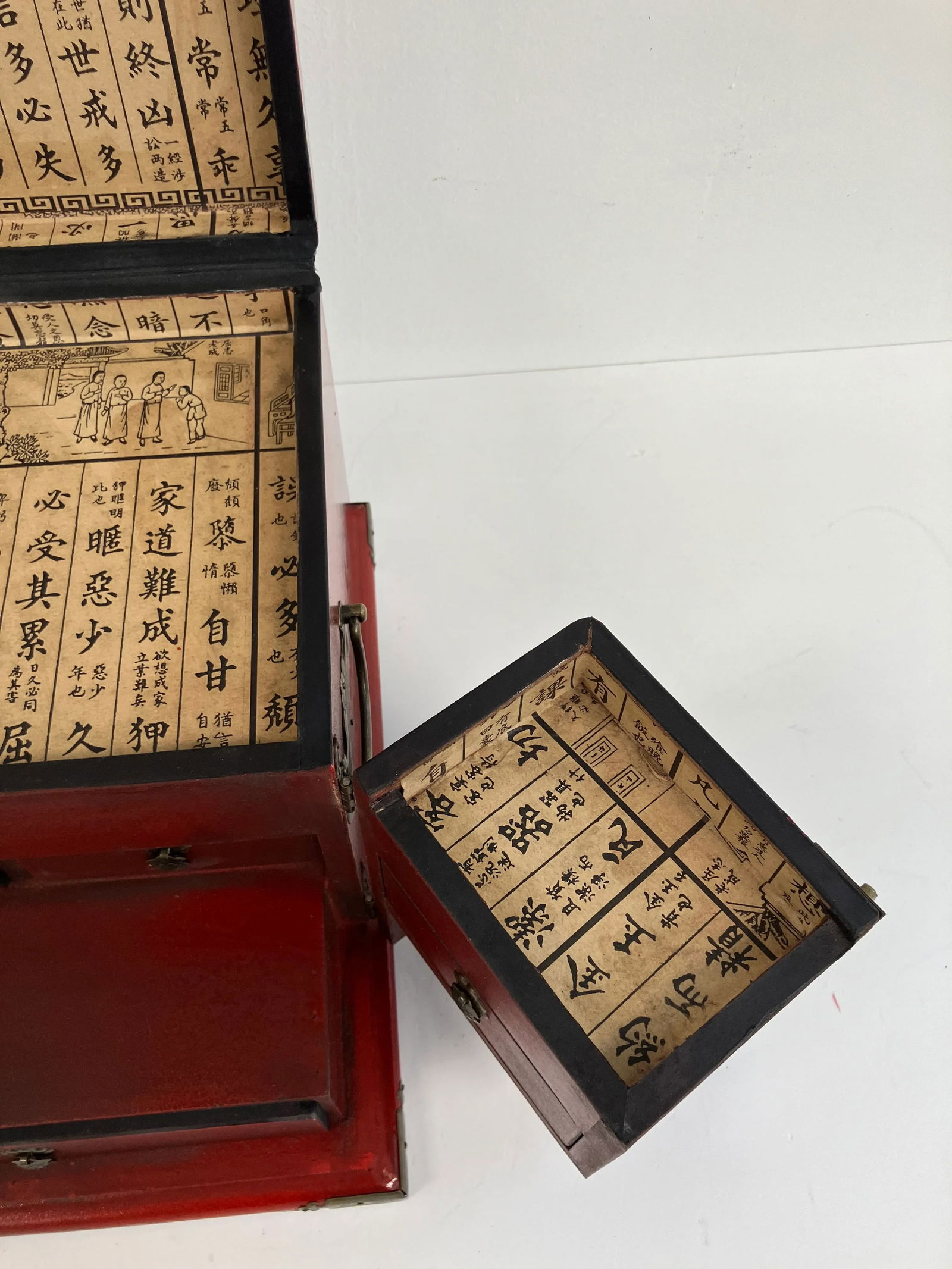 Vintage Red Chinese Scholar's Lacquer Storage Box with Calligraphy Interior - 12