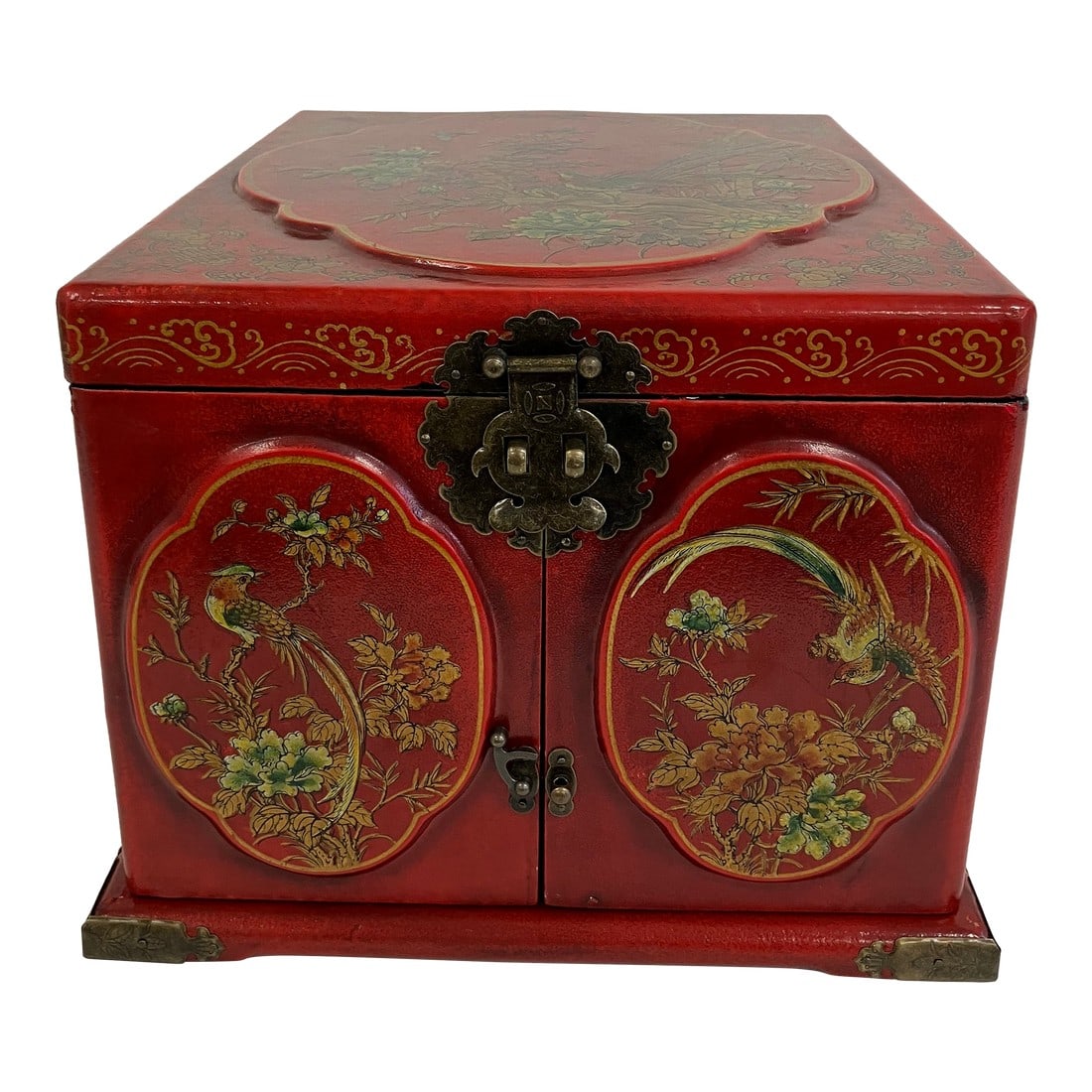 Vintage Red Chinese Scholar's Lacquer Storage Box with Calligraphy Interior: This antique Chinese scholar's cabinet is finished in deep red lacquer and opens to a papered interior covered in traditional Chinese calligraphy panels with illustrations. The piece features two