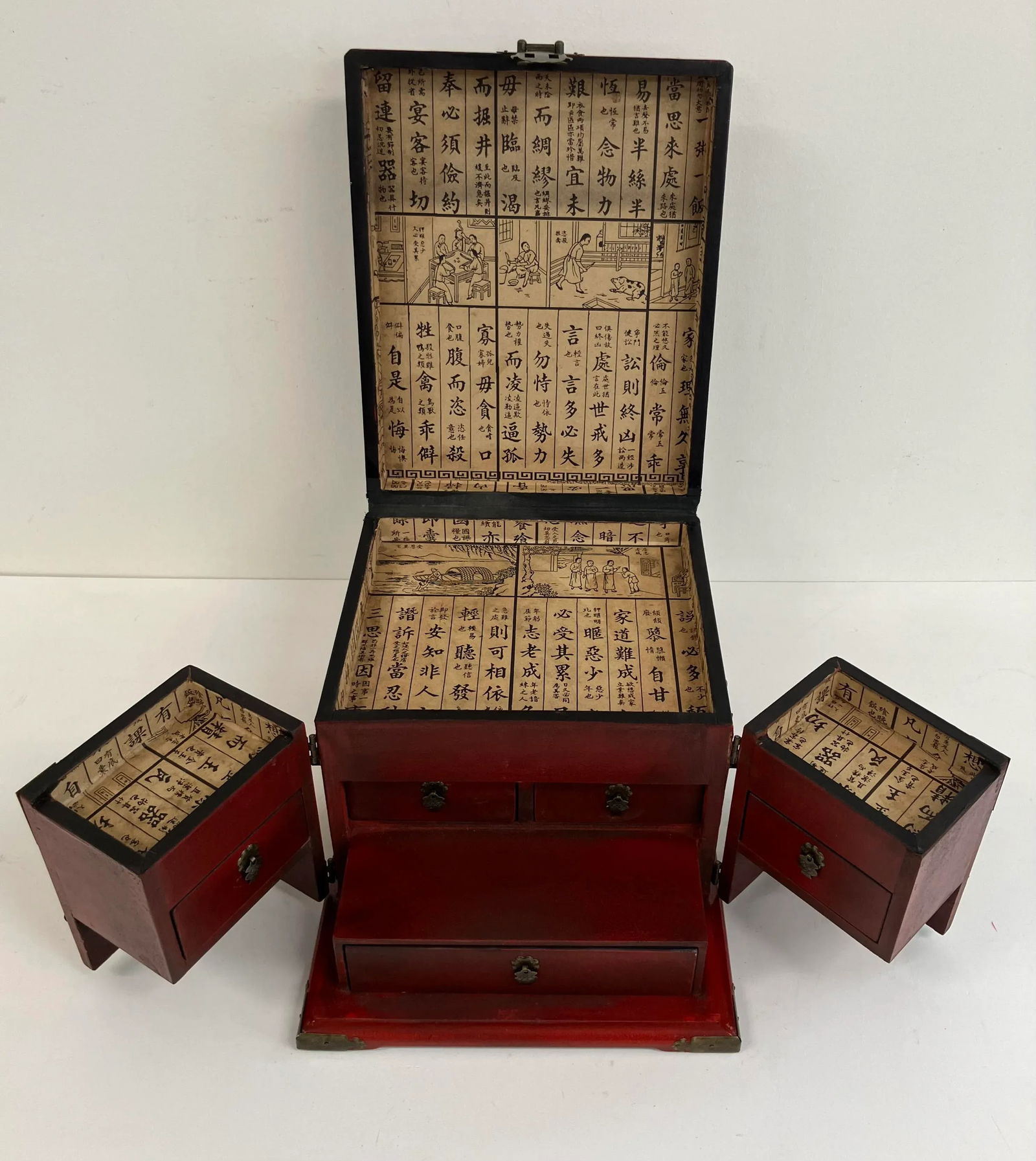 Vintage Red Chinese Scholar's Lacquer Storage Box with Calligraphy Interior - 2