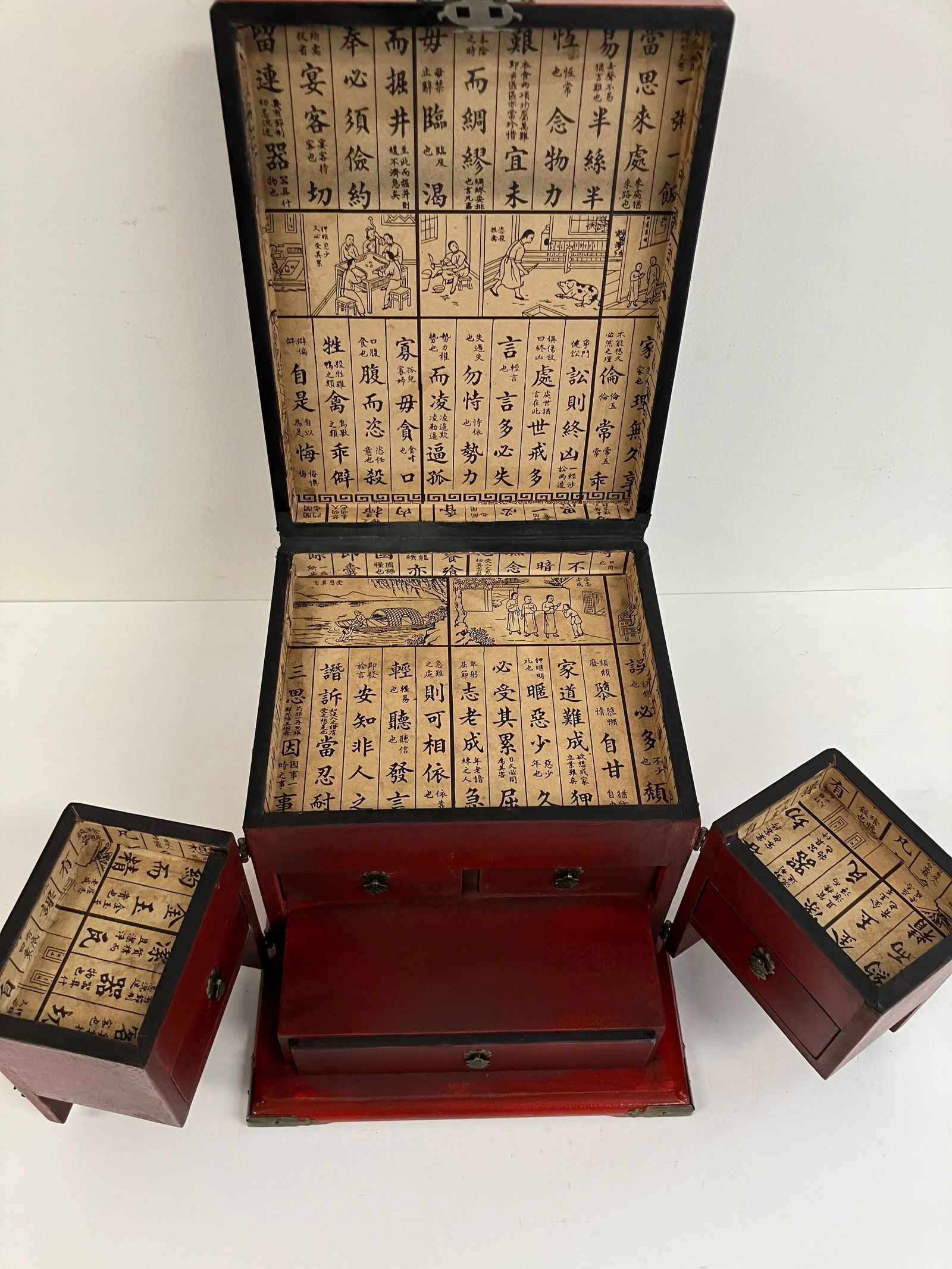Vintage Red Chinese Scholar's Lacquer Storage Box with Calligraphy Interior - 8