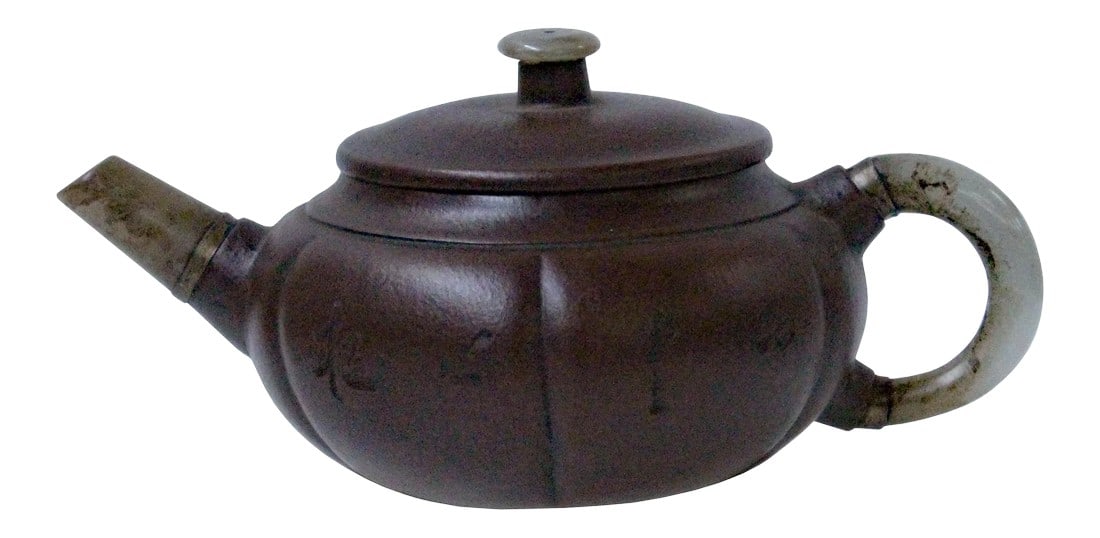 Chinese Zisha Clay Medium Brown Jade Stone Handle Teapot Display Art: This is a Zisha teapot with Chinese characters motif surface and jade stone material handle and mouth. Not for beverage serving. Dimensions: w7" x 4" x h3" Origin: China Material: Zisha,