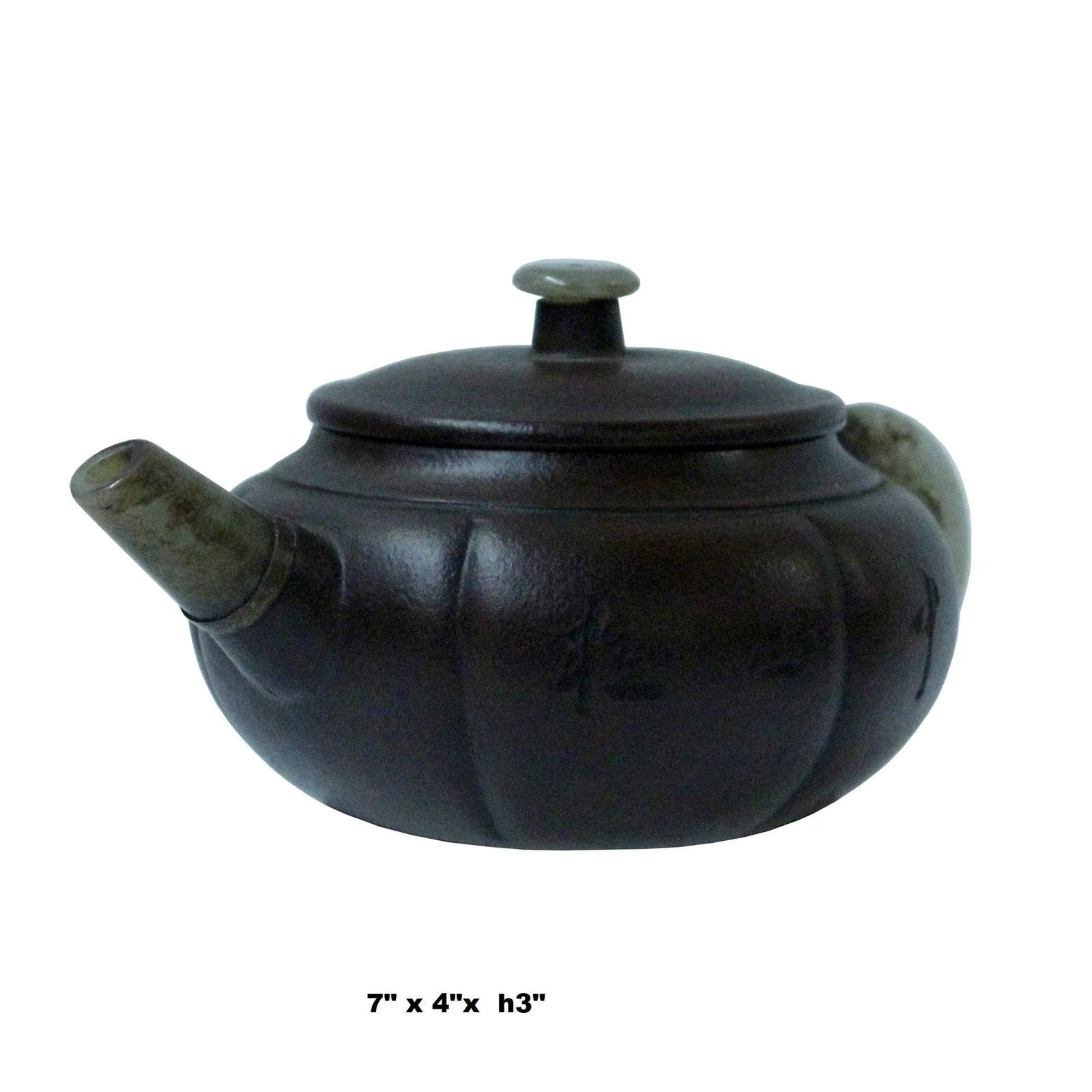 Chinese Zisha Clay Medium Brown Jade Stone Handle Teapot Display Art - 2