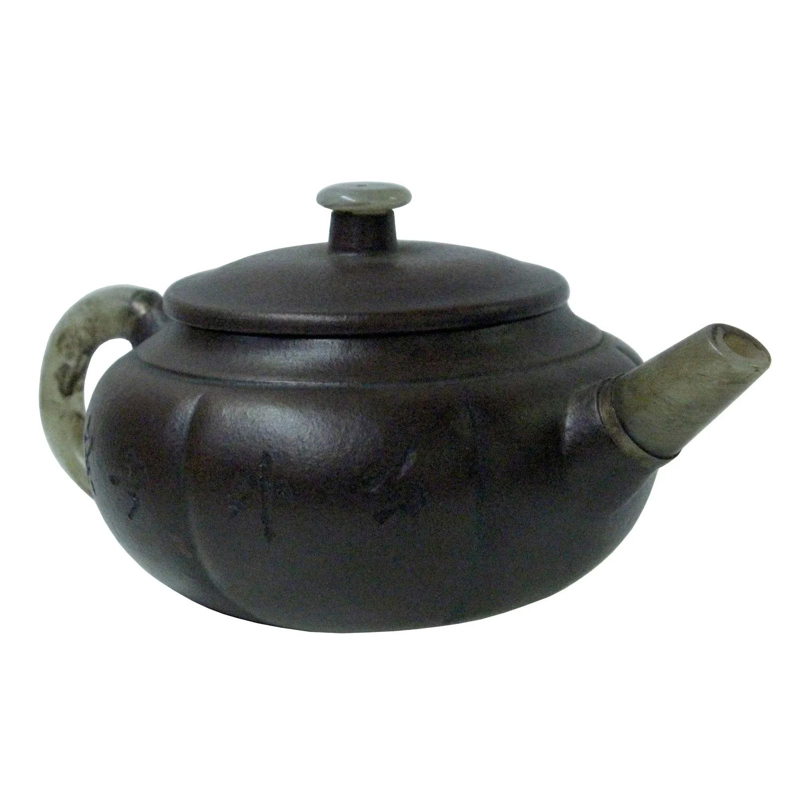 Chinese Zisha Clay Medium Brown Jade Stone Handle Teapot Display Art - 3