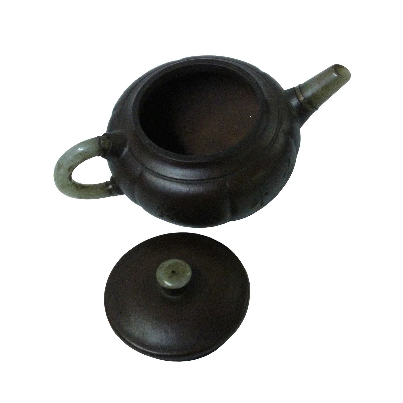 Chinese Zisha Clay Medium Brown Jade Stone Handle Teapot Display Art - 4