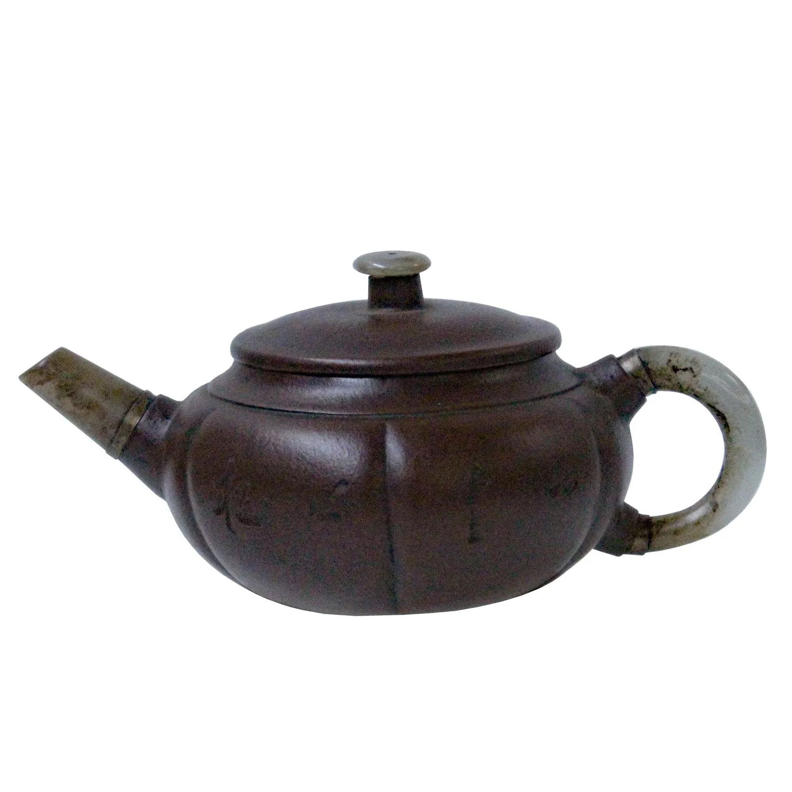 Chinese Zisha Clay Medium Brown Jade Stone Handle Teapot Display Art - 7