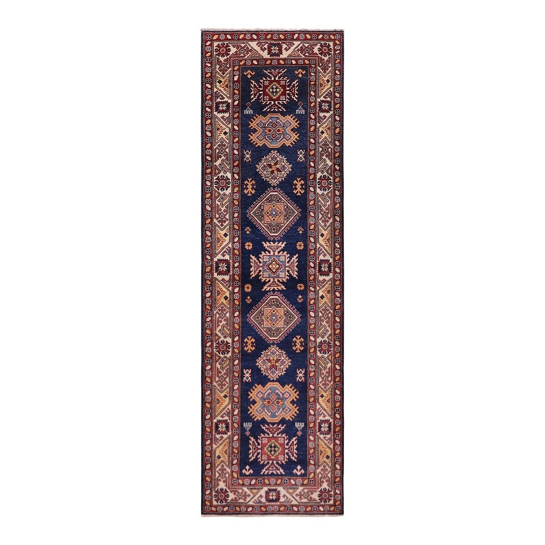 Tribal Super Kazak Blue/Beige Wool Runner - 2'9'' X 9'8'': Transform your home with this stunning hand-knotted Super Kazak rug, expertly crafted from premium hand-spun wool and dyed using all-natural vegetable dyes. This remarkable piece features intricate